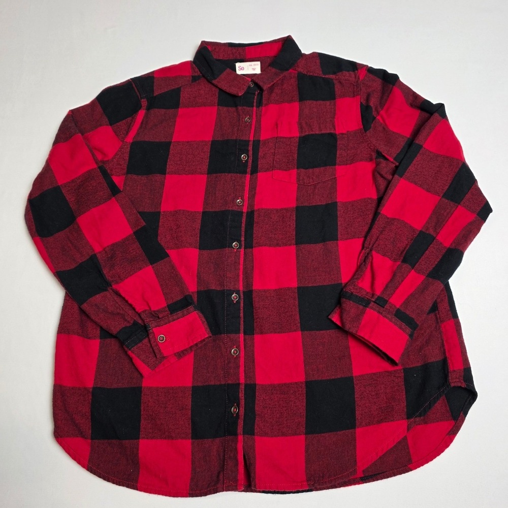 SO Flannel Button Down Shirt Girls XXL 18/20 Red Black Buffalo Plaid Cotton